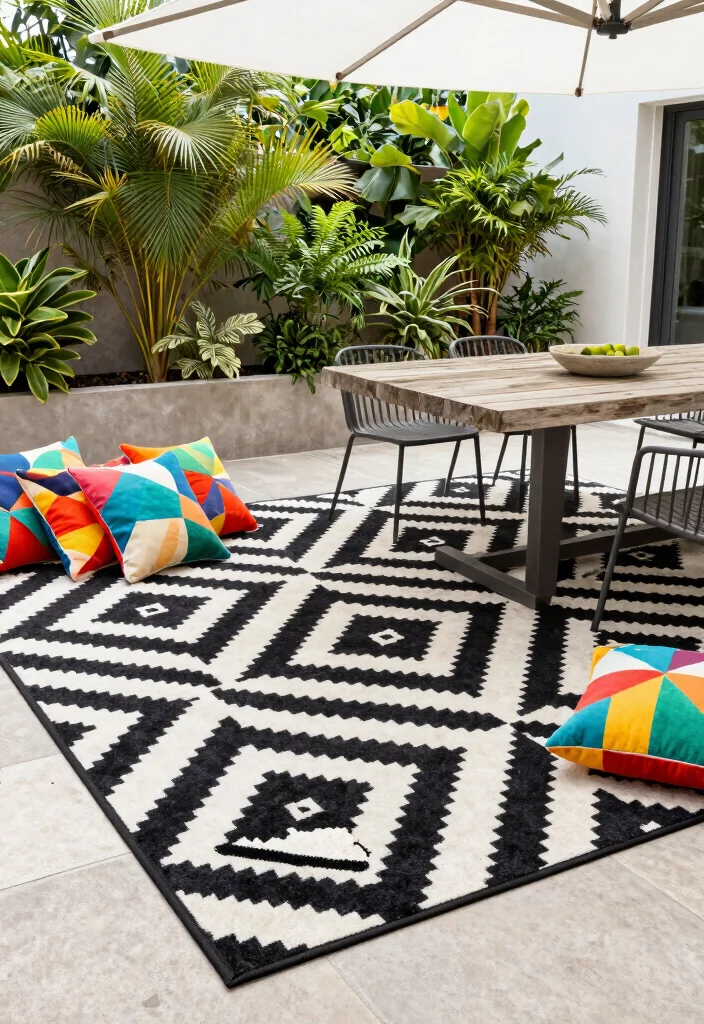 16 Outdoor Carpet Patio Ideas That Upgrade Your Space - 1. Bold Geometric Patterns 1
