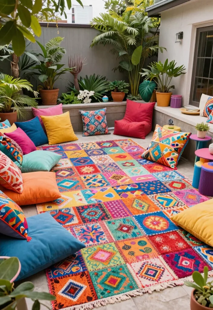16 Outdoor Carpet Patio Ideas That Upgrade Your Space - 13. Colorful Patchwork Carpets 1