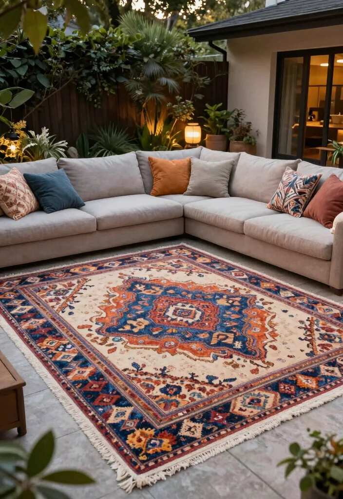 16 Outdoor Carpet Patio Ideas That Upgrade Your Space - 14. Layered Textiles for Depth 1
