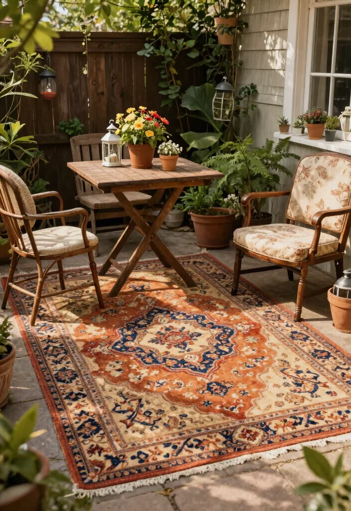16 Outdoor Carpet Patio Ideas That Upgrade Your Space - 5. Vintage Charm with Retro Patterns 1