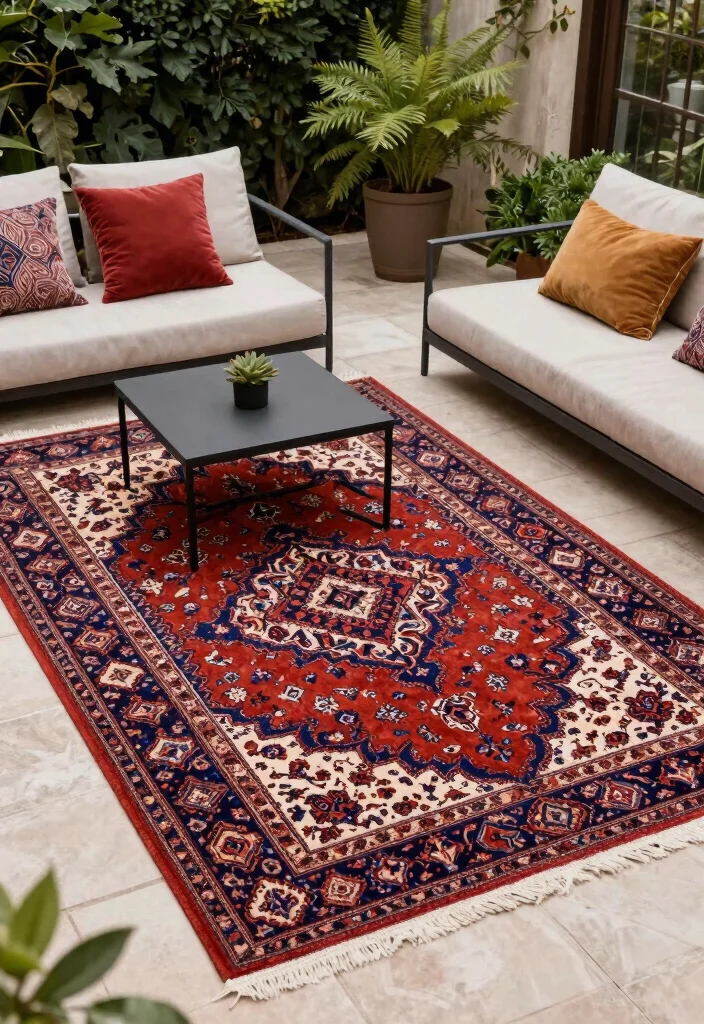 16 Outdoor Carpet Patio Ideas That Upgrade Your Space - 8. Vintage Persian Rugs for Elegance 1