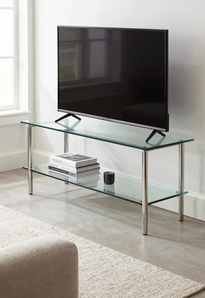 16 Small TV Unit Design Modern Living Ideas That Save Space - 10. Sleek Glass TV Stand 1
