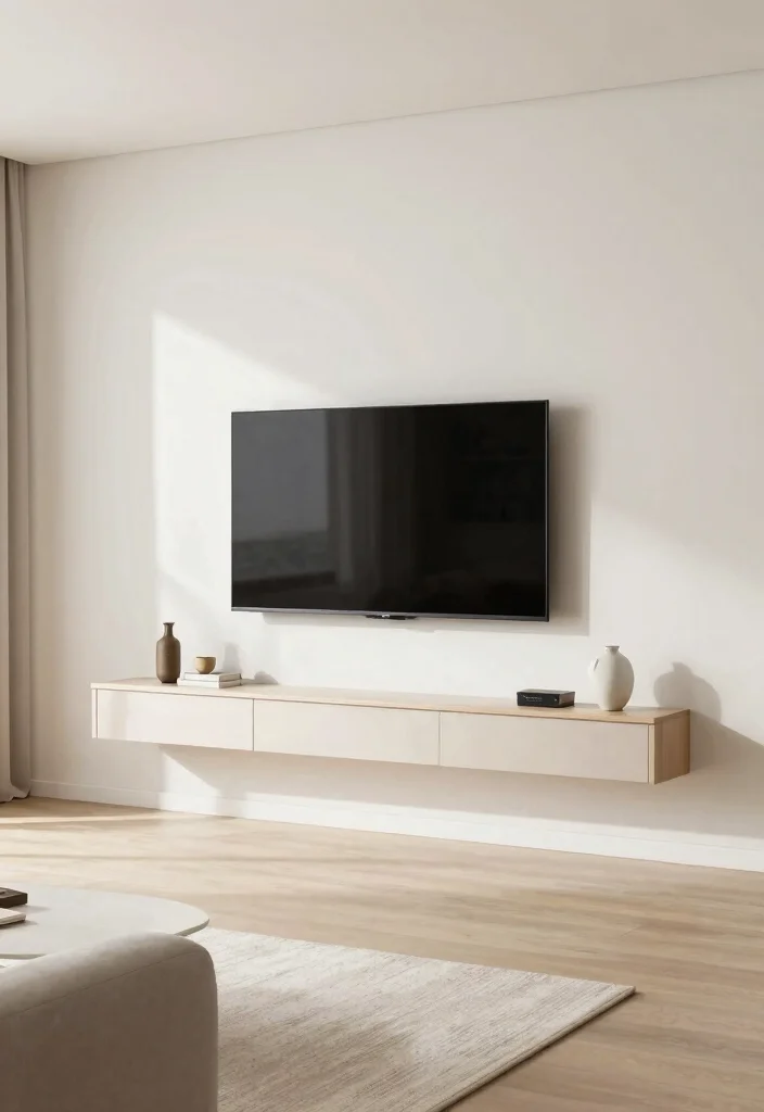 16 Small TV Unit Design Modern Living Ideas That Save Space - 16. Minimalist Wall-Mounted TV with Floating Shelf 1