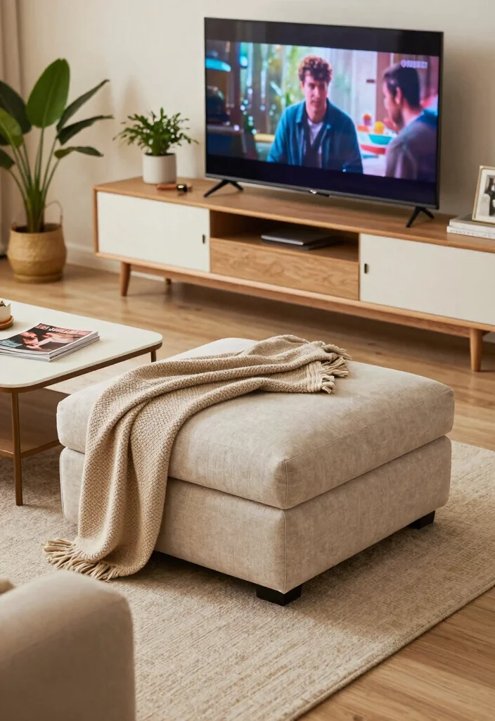 16 Small TV Unit Design Modern Living Ideas That Save Space - 3. Multi-functional Ottoman with TV Stand Capability 1