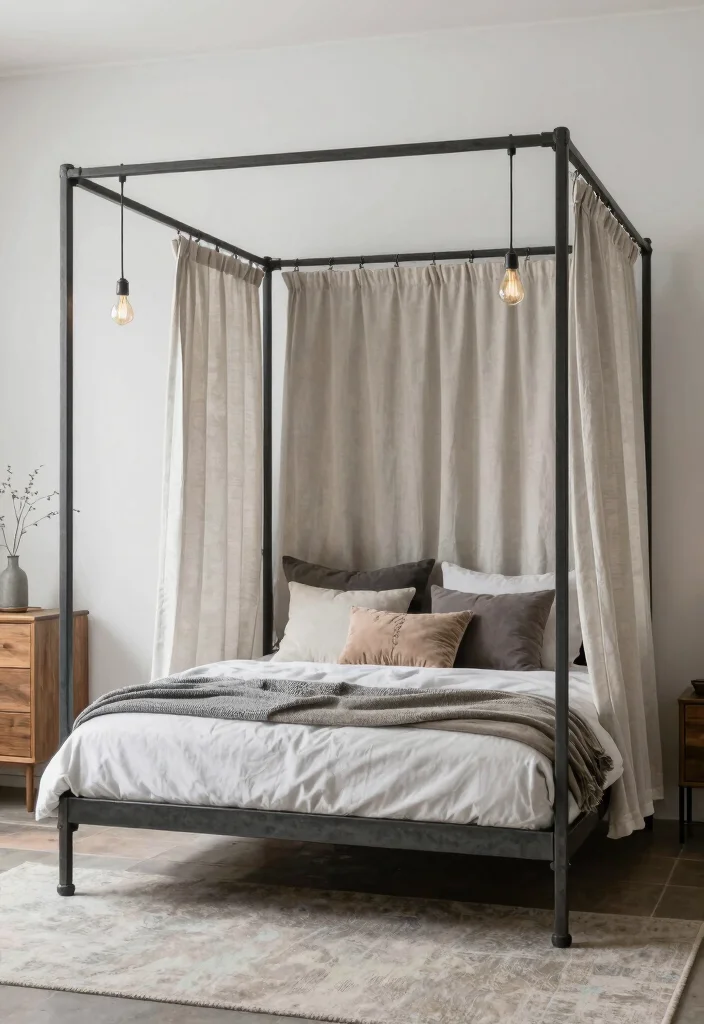 17 Beds With Curtains Ideas That Feel Cozy & Dreamy 37 17 Beds With Curtains Ideas That Feel Cozy & Dreamy - 7. Industrial Chic with Metal Frames 1