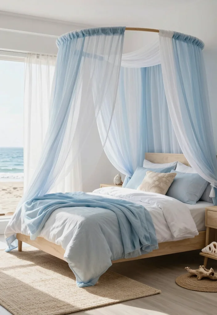 17 Beds With Curtains Ideas That Feel Cozy & Dreamy 38 17 Beds With Curtains Ideas That Feel Cozy & Dreamy - 8. Coastal Retreat with Light Fabrics 1