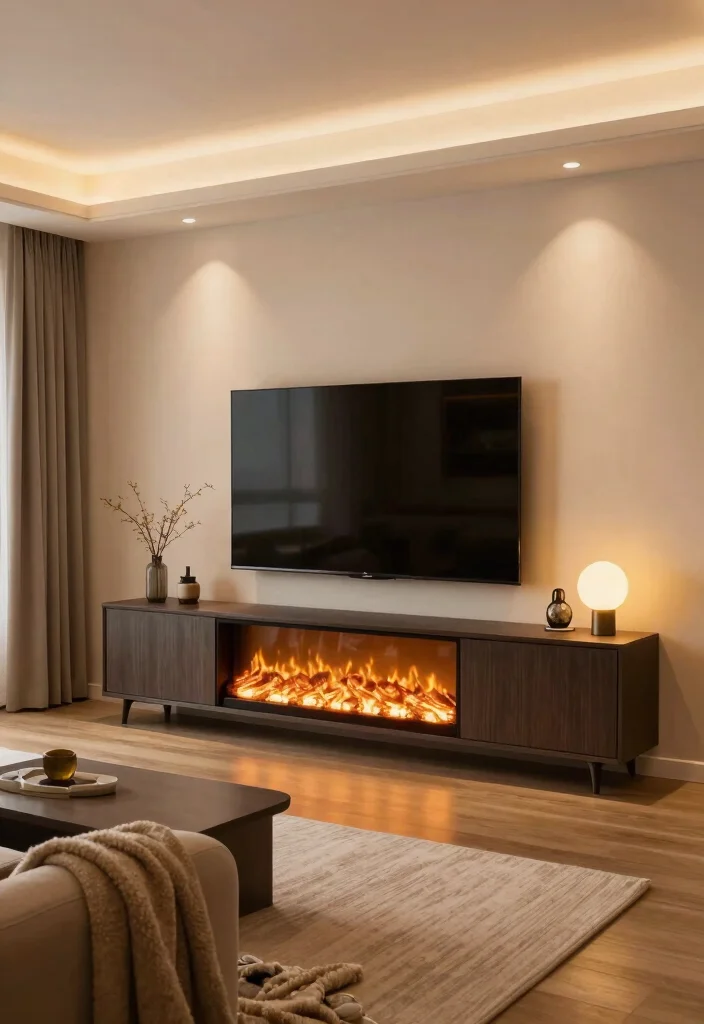 17 TV Unit With Fireplace Modern Ideas That Feel Cozy 52 17 TV Unit With Fireplace Modern Ideas That Feel Cozy - 12. Layered Lighting for Ambiance 1