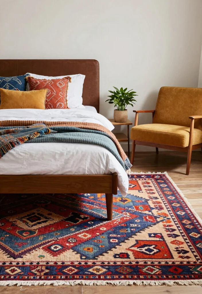 18 Carpet for Bedroom Ideas That Feel Soft & Luxe - 6. Vintage Kilim Rugs for Artistic Flair 1