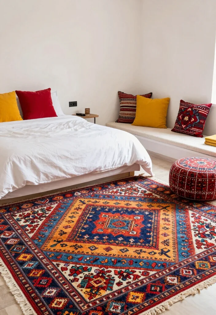 18 Carpet for Bedroom Ideas That Feel Soft & Luxe - 9. Colorful Moroccan Rugs for a Bohemian Vibe 1
