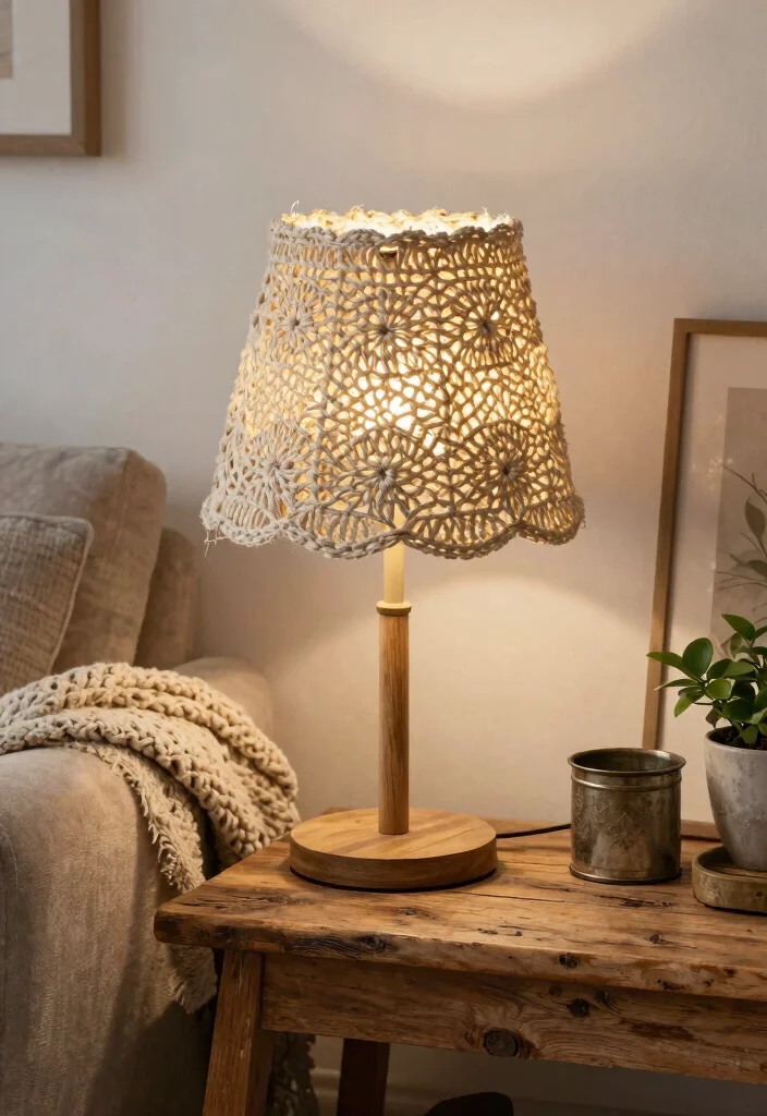 18 Crochet Lamp Shade Ideas That Feel Cozy & Unique 13 18 Crochet Lamp Shade Ideas That Feel Cozy & Unique - 3. Rustic Charm with Twisted Yarn 1