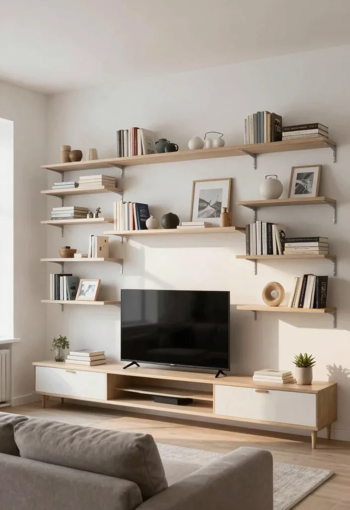 18 Unit TV Modern Ideas That Elevate Your Space - 1. Floating Shelves with Integrated TV 1