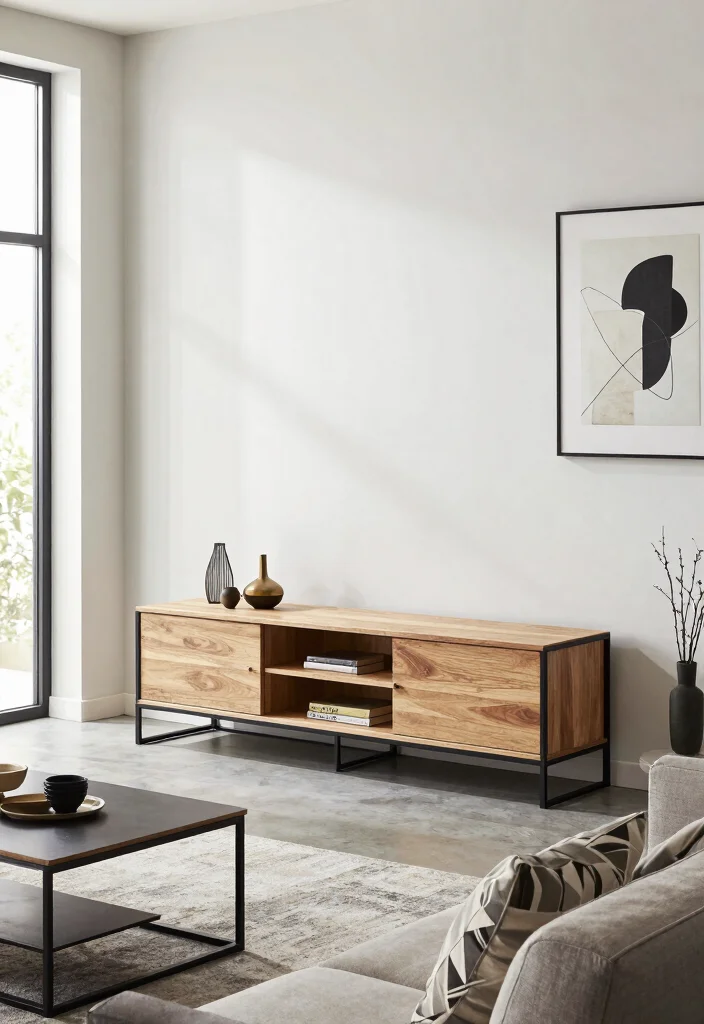 18 Unit TV Modern Ideas That Elevate Your Space - 3. Minimalist Wood and Metal Design 1