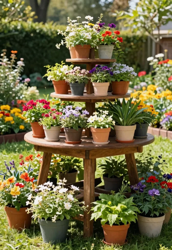12 Outdoor Plant Shelf Ideas That Handle Wind and Weight - 10. Tiered Table Displays 1