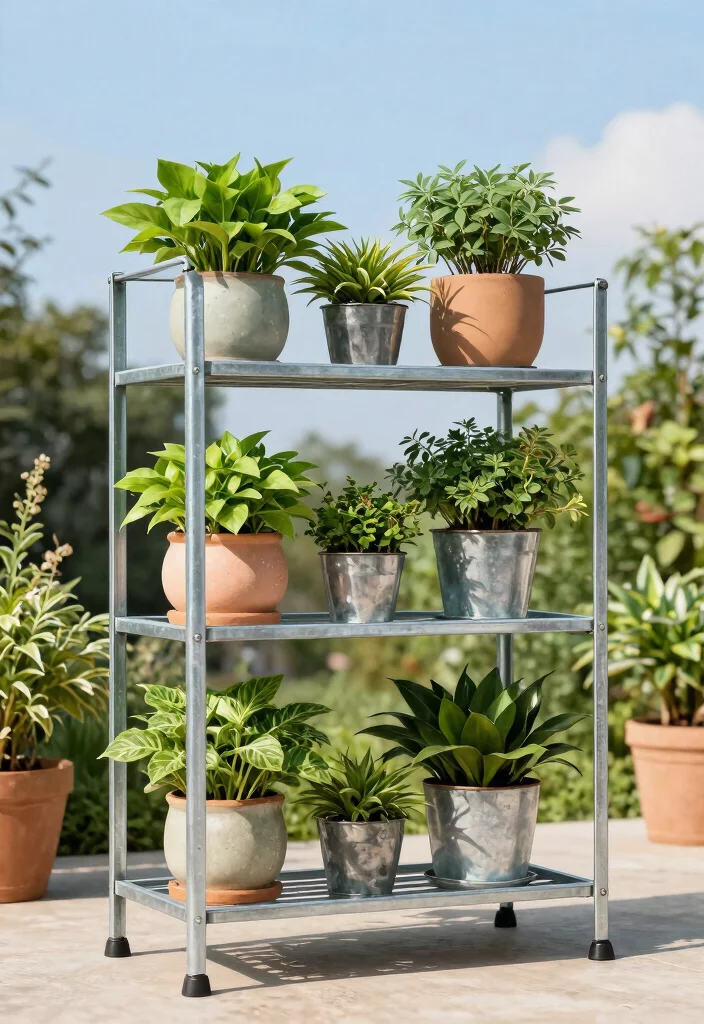 12 Outdoor Plant Shelf Ideas That Handle Wind and Weight - 2. Heavy-Duty Metal Racks 1