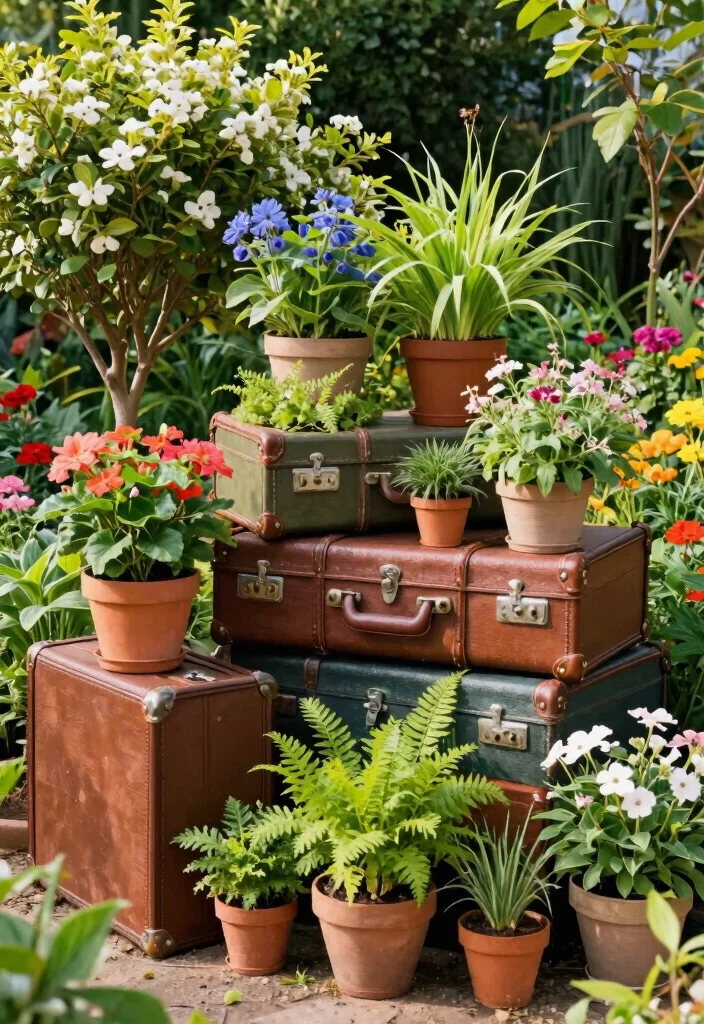 12 Outdoor Plant Shelf Ideas That Handle Wind and Weight - 5. Vintage Suitcase Plant Display 1