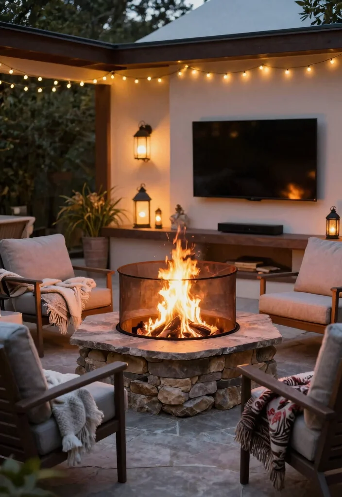 12 Outdoor TV Ideas That Protect Your Screen From Weather - 10. Cozy Fire Pit Additions 1