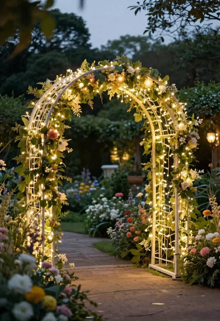 12 Outdoor Wedding Arch Ideas That Stay Up Without Staking - 11. Arch with Draped Lights 1