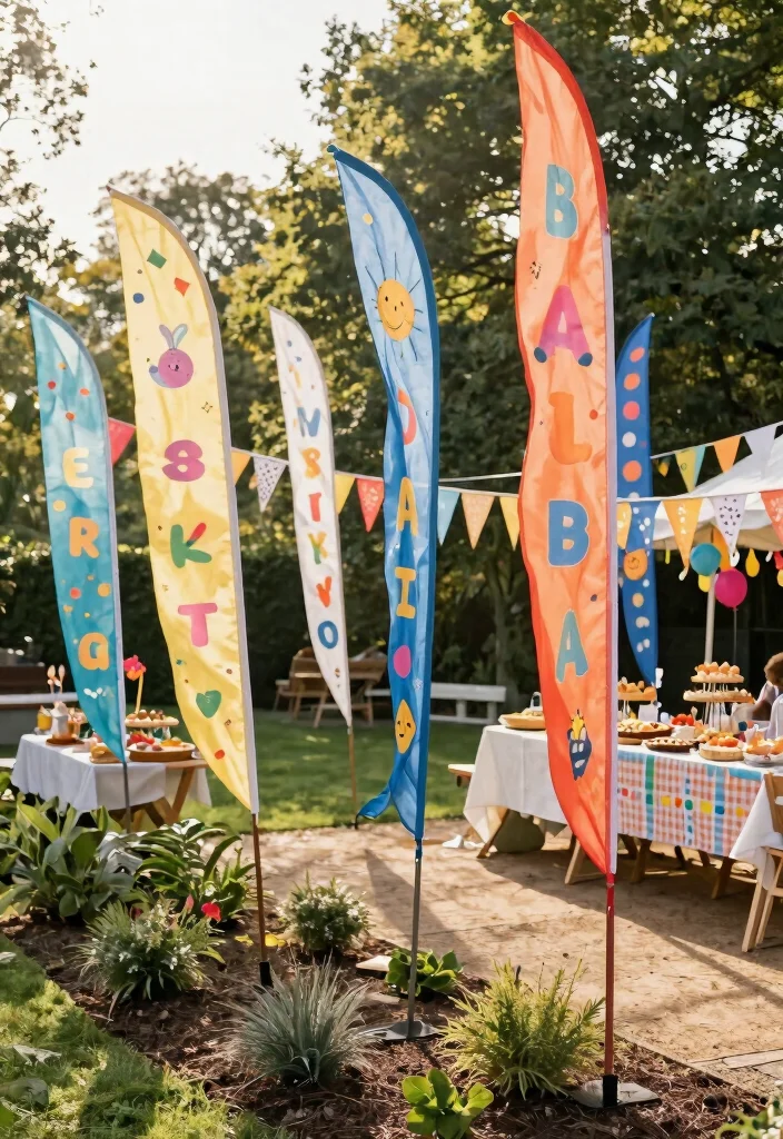 14 Birthday Decoration Ideas Outdoor That Stay Put in Breeze - 11. Colorful Garden Flags 1