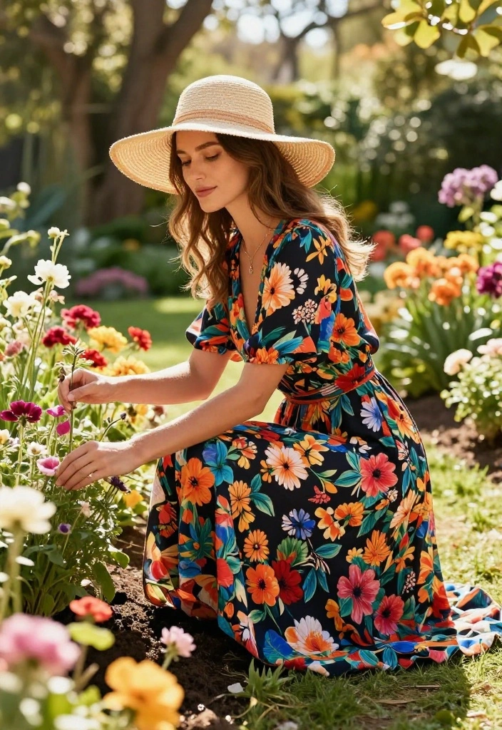 14 Cute Gardening Outfit Ideas That Actually Protect From Sun and Dirt - 1. Breezy Maxi Dress with Sun Hat 1