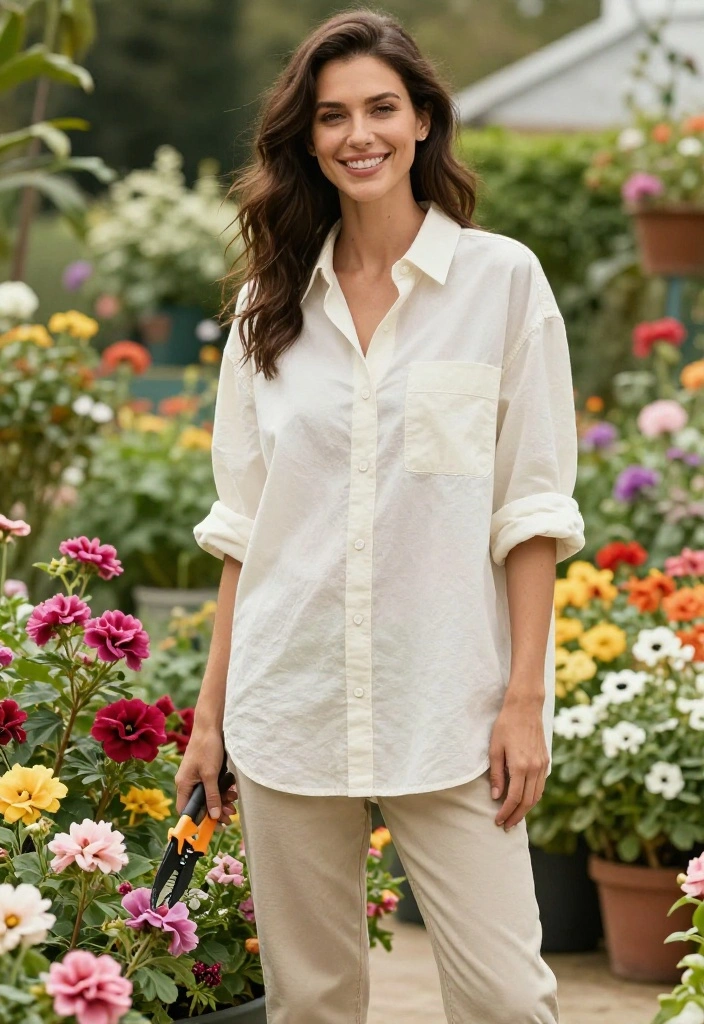 14 Cute Gardening Outfit Ideas That Actually Protect From Sun and Dirt - 13. Over-sized Button-Up with Cuffed Pants 1