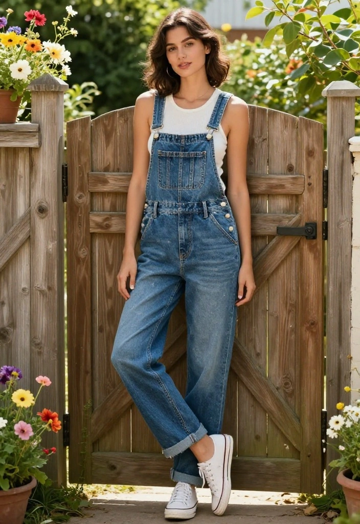 14 Cute Gardening Outfit Ideas That Actually Protect From Sun and Dirt - 2. Lightweight Overalls with a Tank Top 1