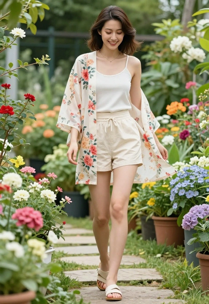 14 Cute Gardening Outfit Ideas That Actually Protect From Sun and Dirt - 8. Stylish Sandals with a Lightweight Kimono 1