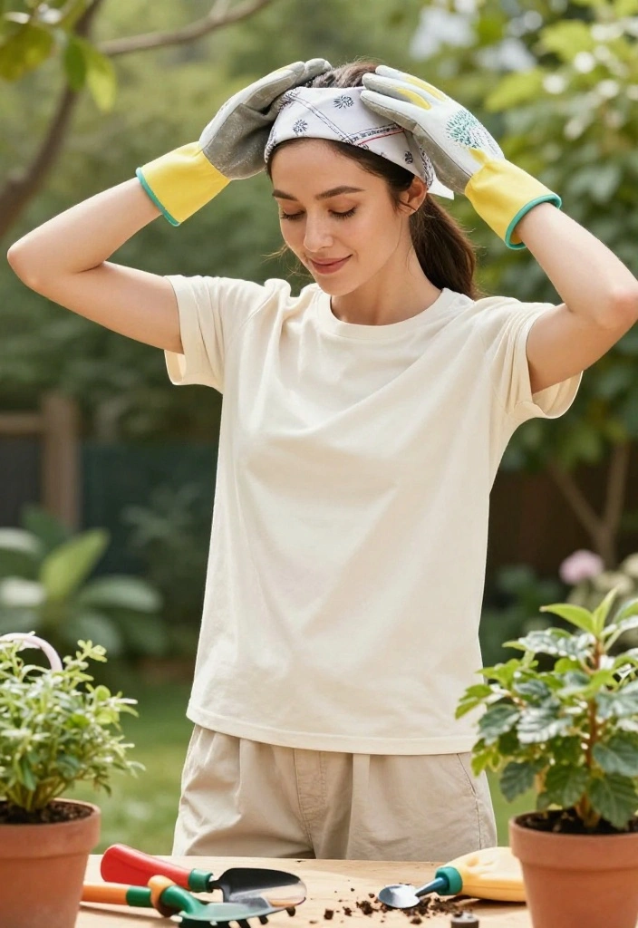 14 Cute Gardening Outfit Ideas That Actually Protect From Sun and Dirt - 9. Garden Gloves and a Bandana with Casual Attire 1