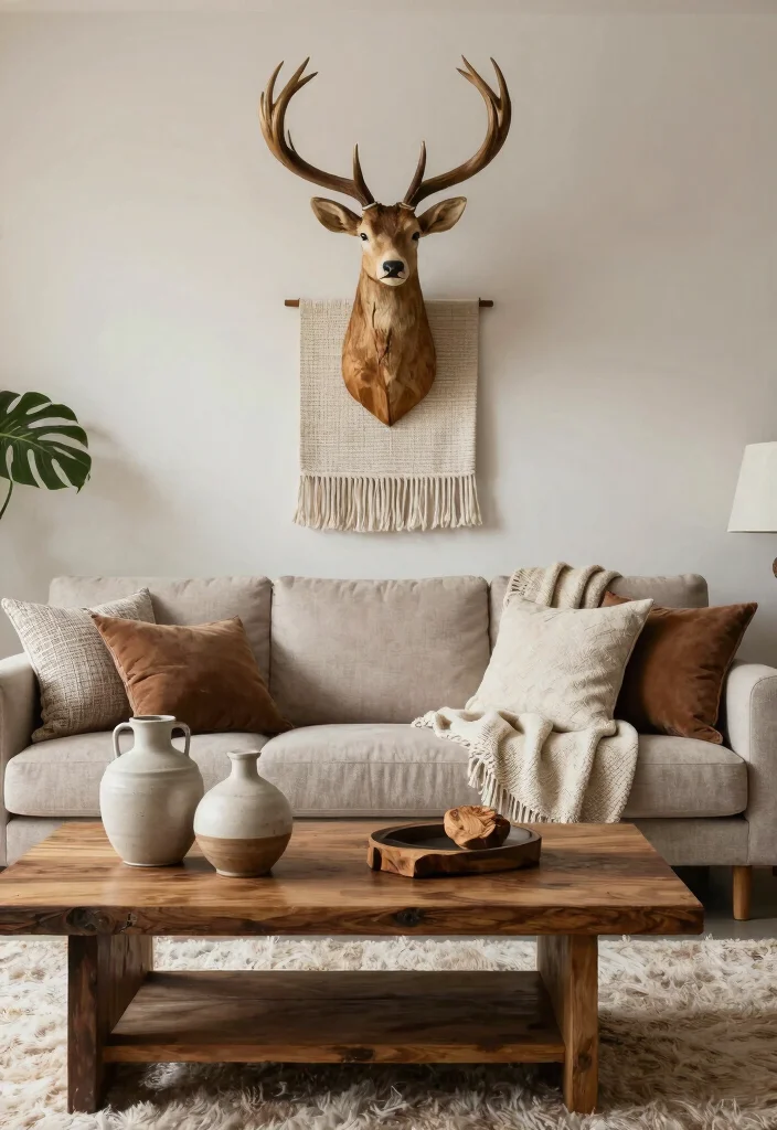 14 Farmhouse Deer Head Decor Ideas for Living Rooms That Aren't Tacky - 11. Layered Textures 1