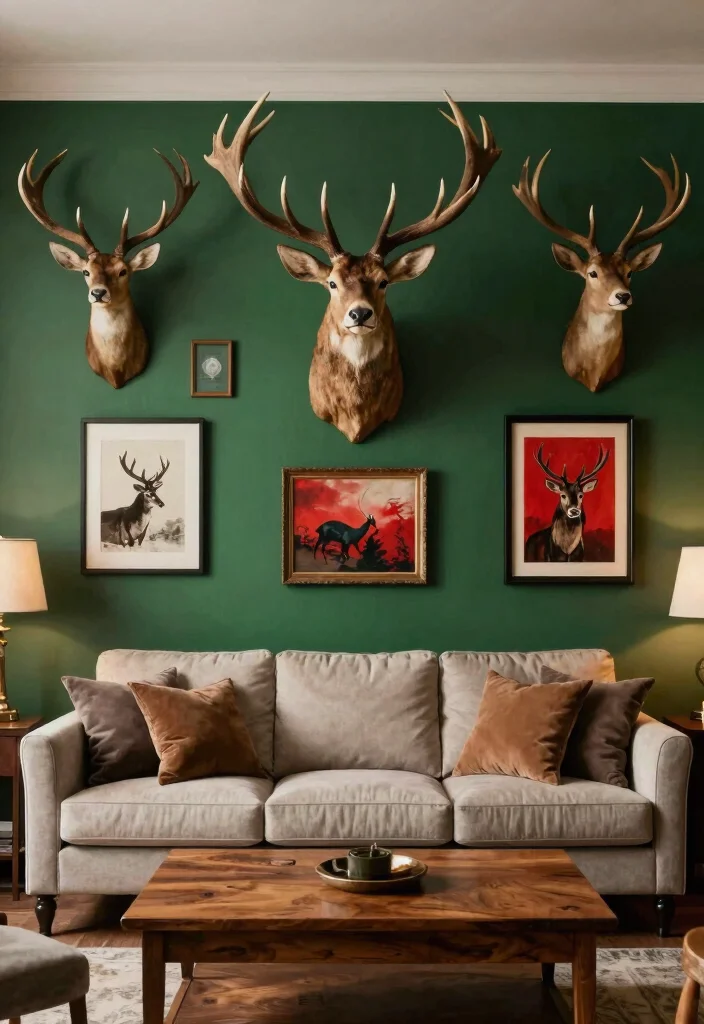 14 Farmhouse Deer Head Decor Ideas for Living Rooms That Aren't Tacky - 13. Deer Head Accent Walls 1