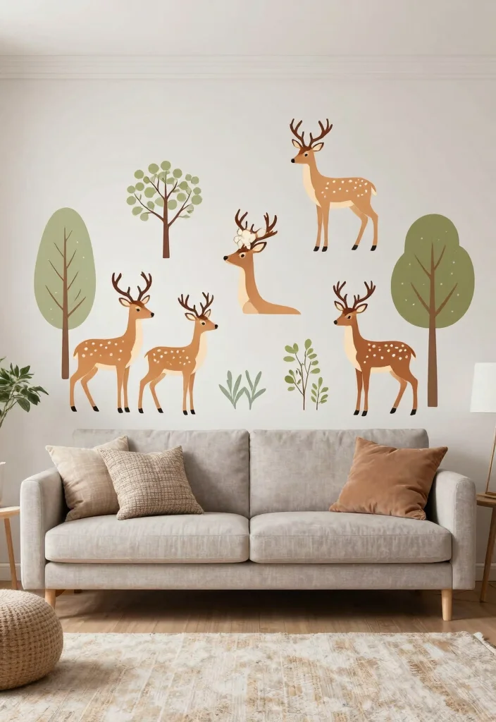 14 Farmhouse Deer Head Decor Ideas for Living Rooms That Aren't Tacky - 14. Playful Deer Wall Decals 1