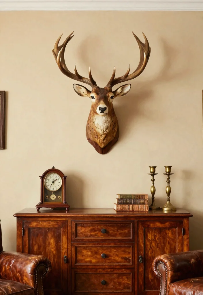 14 Farmhouse Deer Head Decor Ideas for Living Rooms That Aren't Tacky - 4. Vintage Deer Head Wall Mounts 1