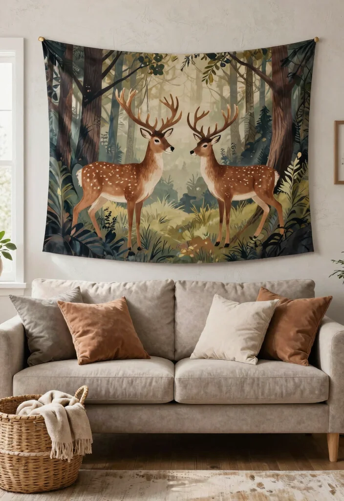 14 Farmhouse Deer Head Decor Ideas for Living Rooms That Aren't Tacky - 5. Deer-Themed Tapestries 1