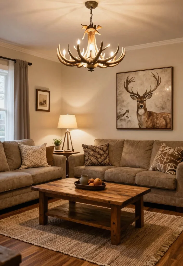 14 Farmhouse Deer Head Decor Ideas for Living Rooms That Aren't Tacky - 7. Antler-Inspired Lighting 1