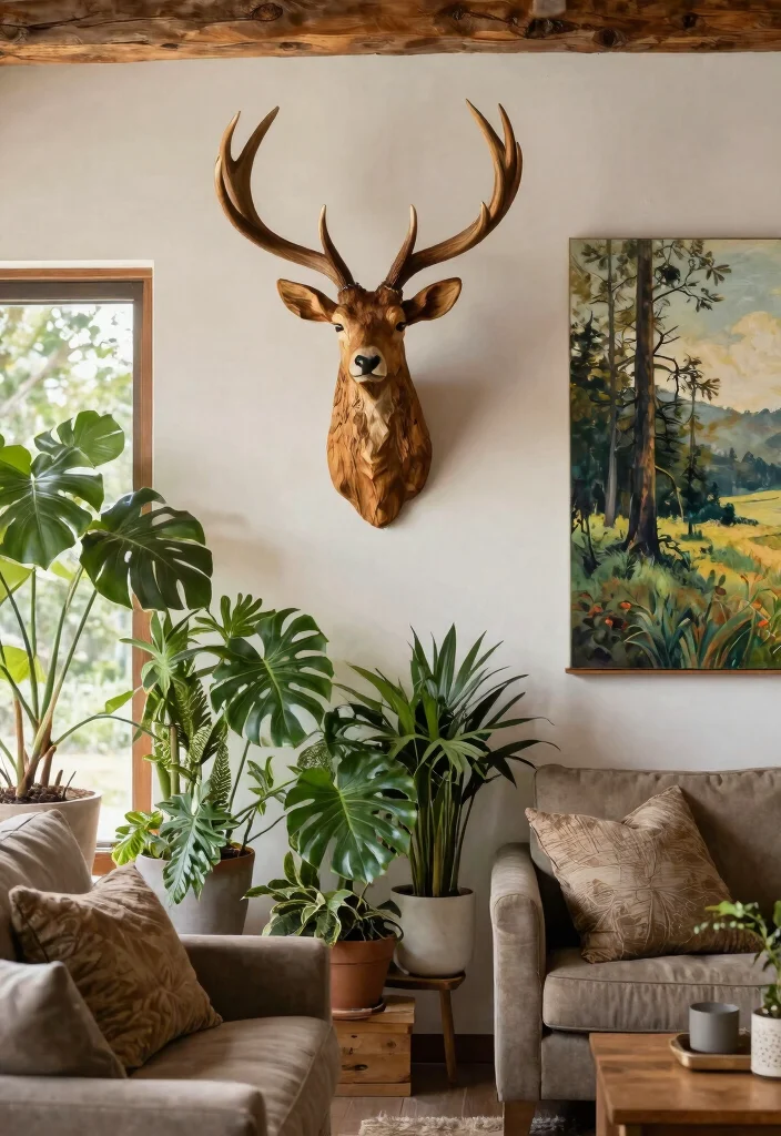 14 Farmhouse Deer Head Decor Ideas for Living Rooms That Aren't Tacky - 9. Outdoor-Inspired Decor 1