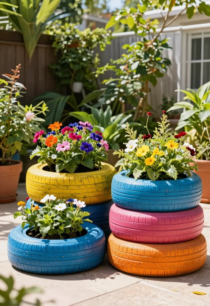 14 Outdoor Flower Pot Ideas for Patio Container Gardening on a Budget - 11. Tire Planters 1