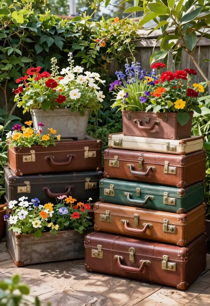 14 Outdoor Flower Pot Ideas for Patio Container Gardening on a Budget - 12. Vintage Suitcases for a Retro Look 1