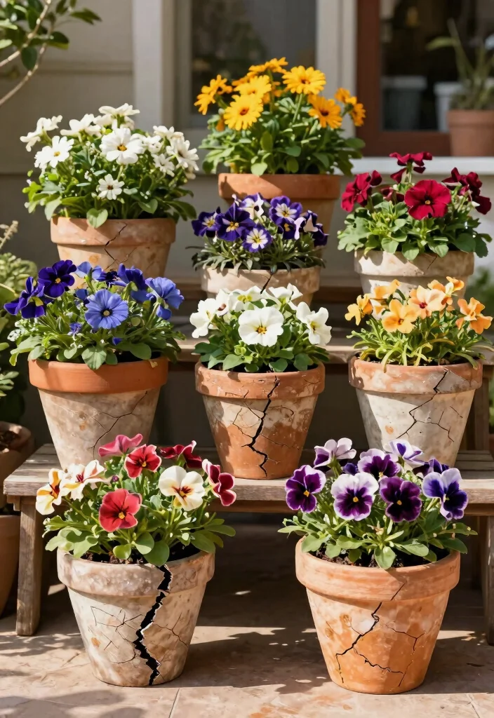14 Outdoor Flower Pot Ideas for Patio Container Gardening on a Budget - 14. Cracked Pot Garden Display 1