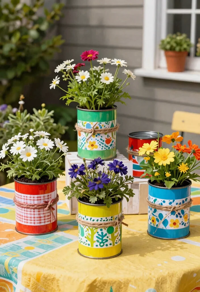 14 Outdoor Flower Pot Ideas for Patio Container Gardening on a Budget - 2. Recycled Tin Cans 1