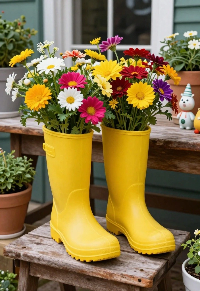 14 Outdoor Flower Pot Ideas for Patio Container Gardening on a Budget - 4. Repurposed Rubber Boots 1