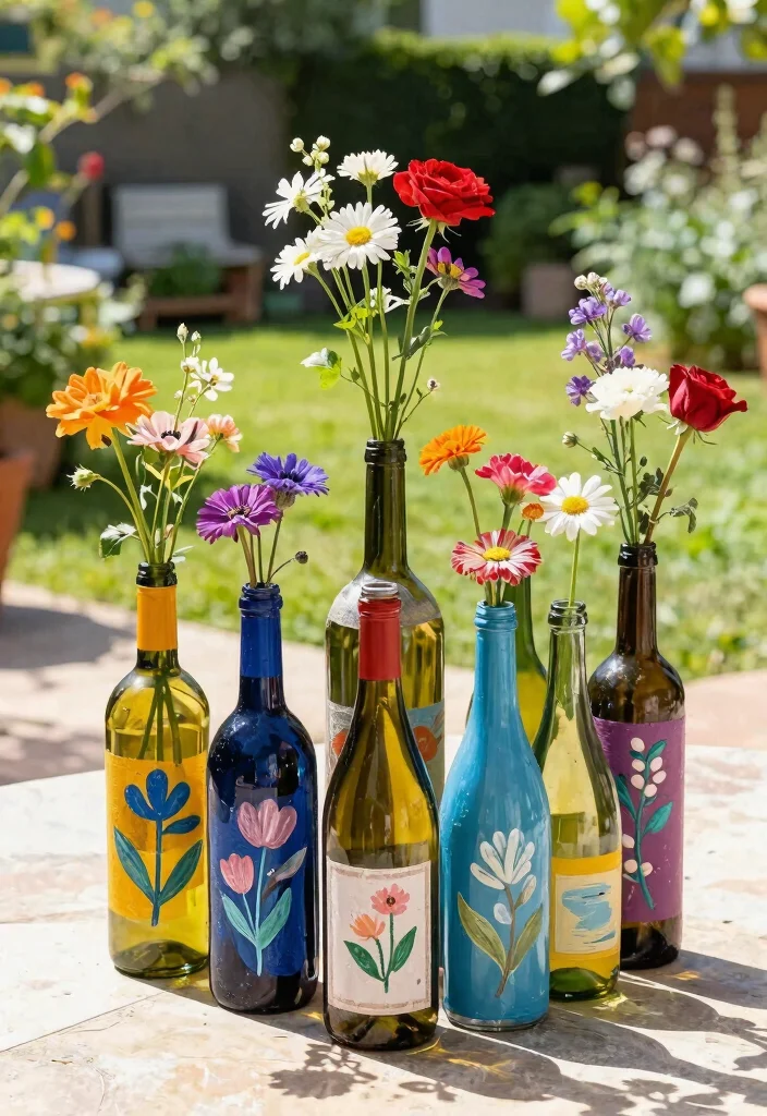 14 Outdoor Flower Pot Ideas for Patio Container Gardening on a Budget - 5. Painted Wine Bottles 1