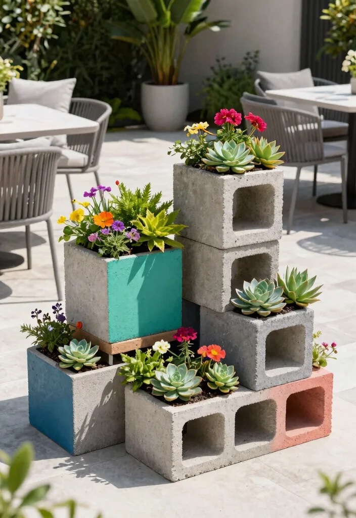 14 Outdoor Flower Pot Ideas for Patio Container Gardening on a Budget - 8. Concrete Blocks for a Modern Feel 1