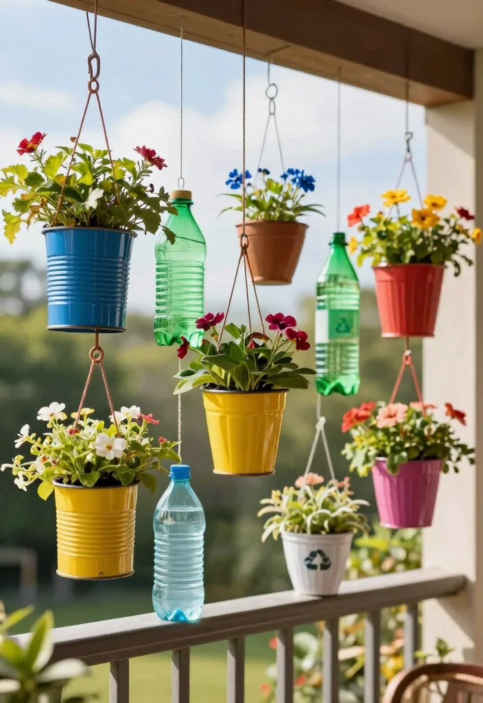 14 Outdoor Flower Pot Ideas for Patio Container Gardening on a Budget - 9. Hanging Containers from Recycled Materials 1