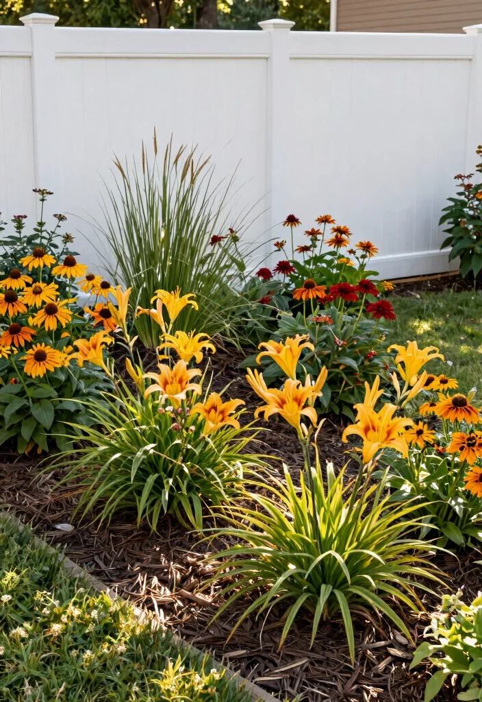14 White Fence Backyard Ideas That Stay Clean-Looking Year-Round - 1. Low-Maintenance Flower Beds 1