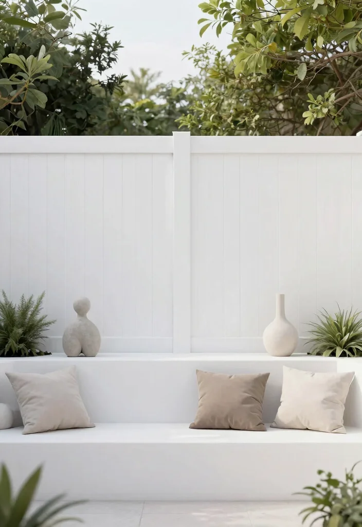 14 White Fence Backyard Ideas That Stay Clean-Looking Year-Round - 11. Minimalist Decor 1