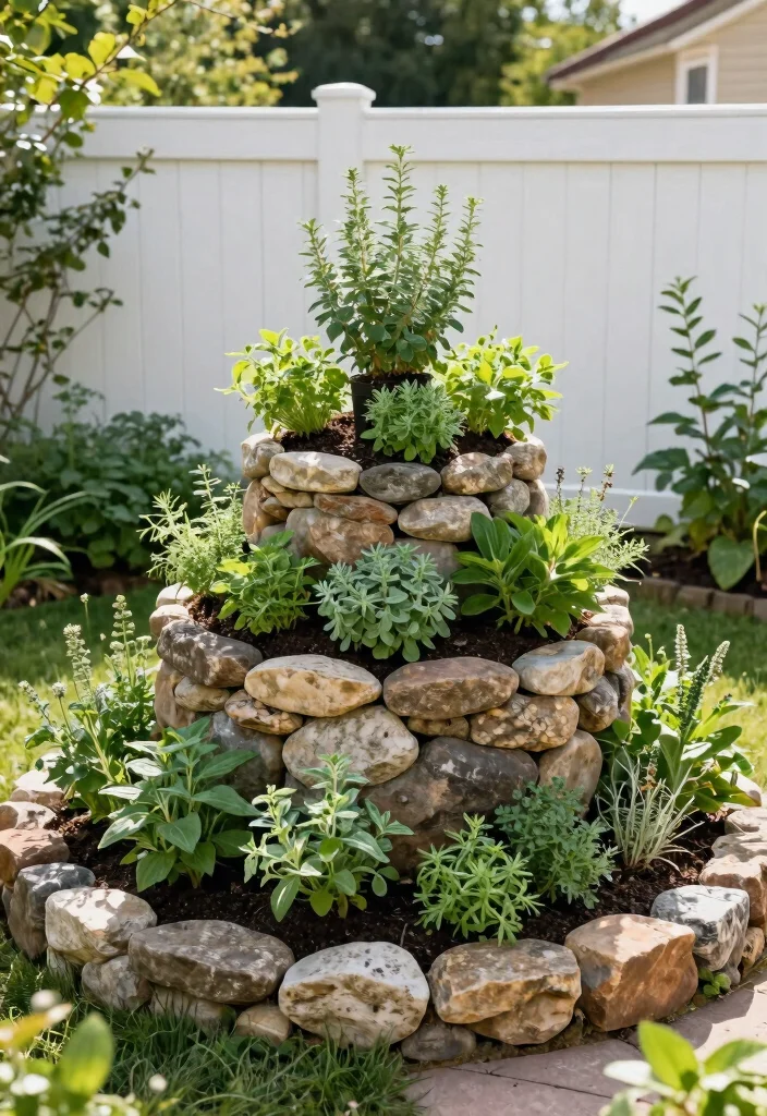 14 White Fence Backyard Ideas That Stay Clean-Looking Year-Round - 13. Herb Spiral Garden 1