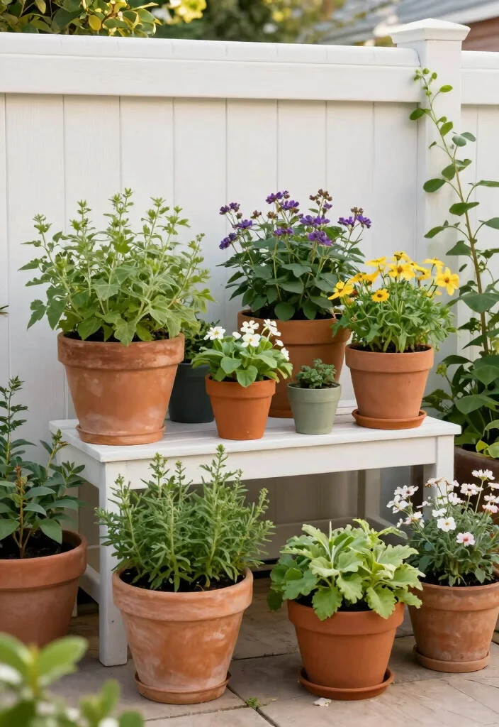 14 White Fence Backyard Ideas That Stay Clean-Looking Year-Round - 3. Container Gardening 1