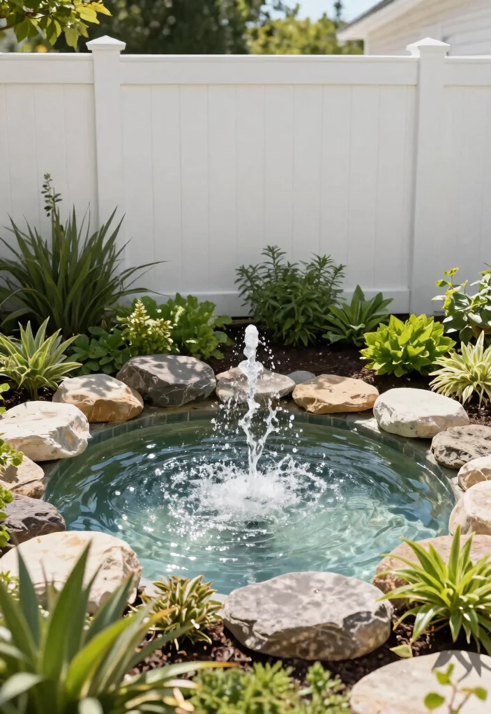14 White Fence Backyard Ideas That Stay Clean-Looking Year-Round - 6. Simple Water Features 1
