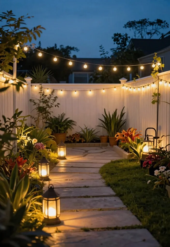 14 White Fence Backyard Ideas That Stay Clean-Looking Year-Round - 7. Strategic Lighting 1