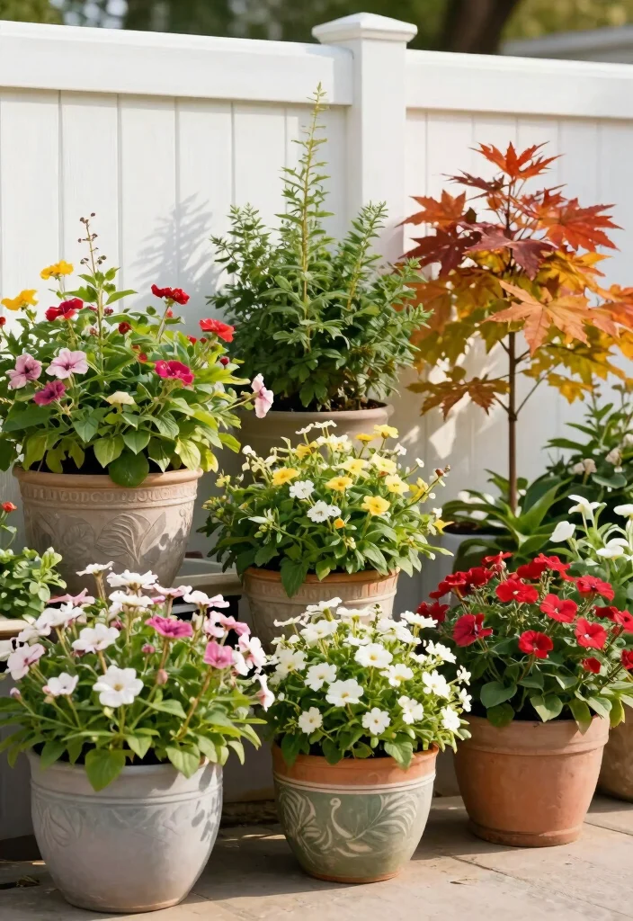 14 White Fence Backyard Ideas That Stay Clean-Looking Year-Round - 9. Seasonal Planters 1