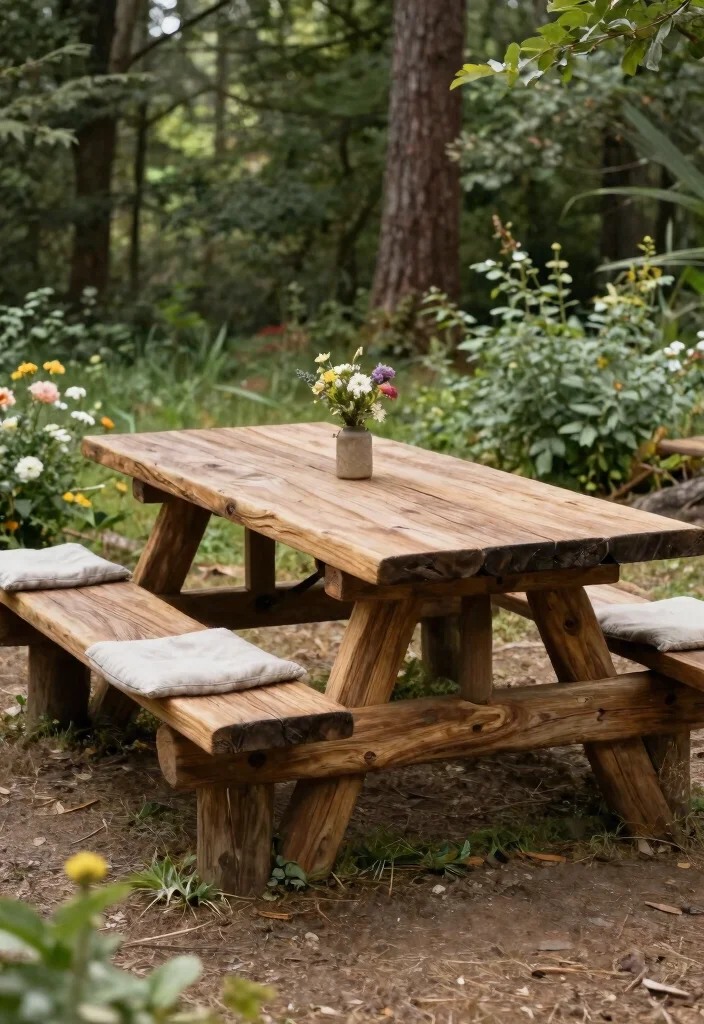 15 Backyard Picnic Table Ideas That Seat More Than Four People - 10. Rustic Log Table 1
